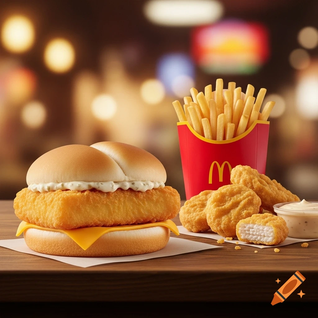 A photorealistic image of a Filet-O-Fish sandwich, a red McDonald's fries box, chicken nuggets, and dipping sauce on a wooden table.