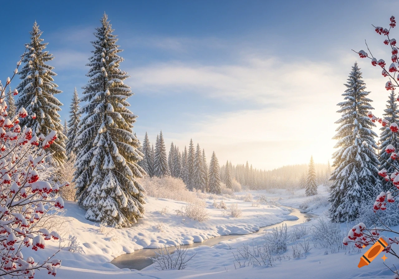 A beautiful winter landscape with snow-covered pine trees, a winding stream, and red berries under a bright sky.