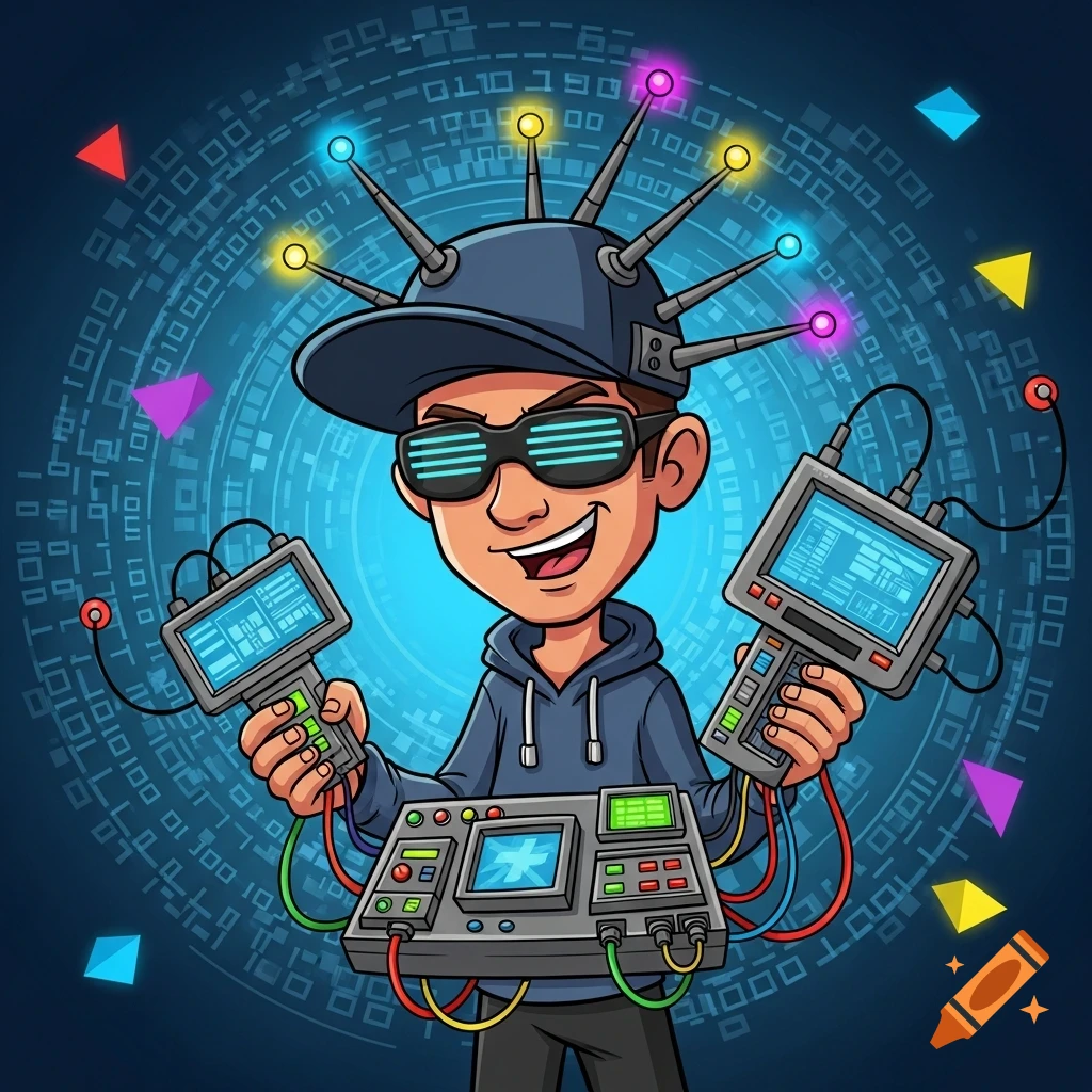 A cartoon character wearing a cap, cybernetic goggles, and a brain-interface helmet, holding tech gadgets against a binary code background.