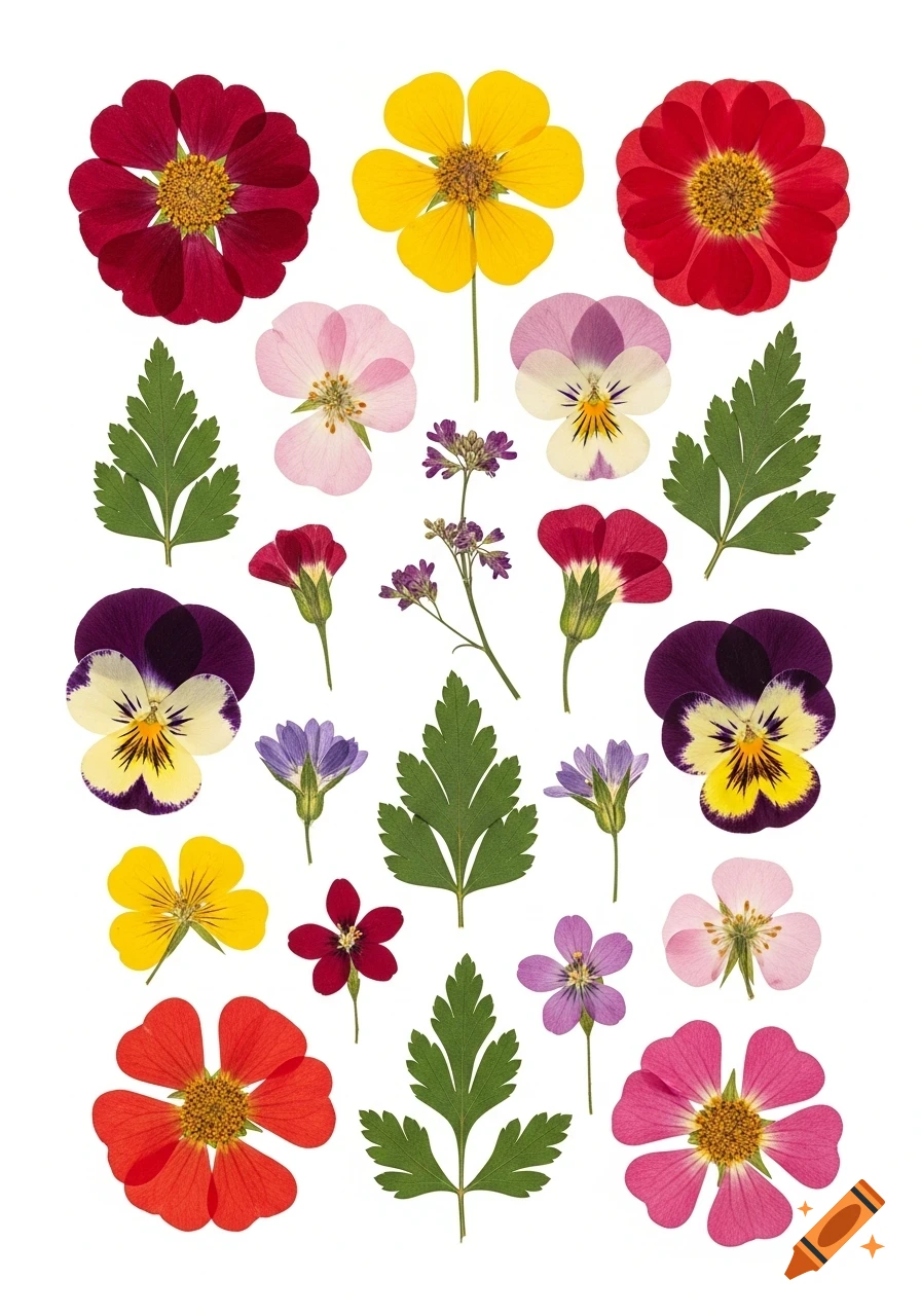 A flat lay arrangement of various colorful pressed flowers and green leaves on a white background.