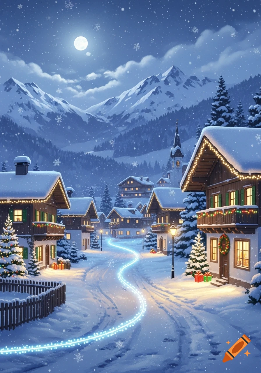 A snowy mountain village at night, decorated with Christmas lights, illuminated by a full moon and a glowing blue path.
