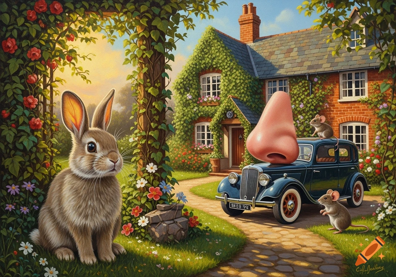 An oil painting of a bunny in a flower garden, a house in the background, a vintage car with a giant human nose on its hood, and two mice nearby.