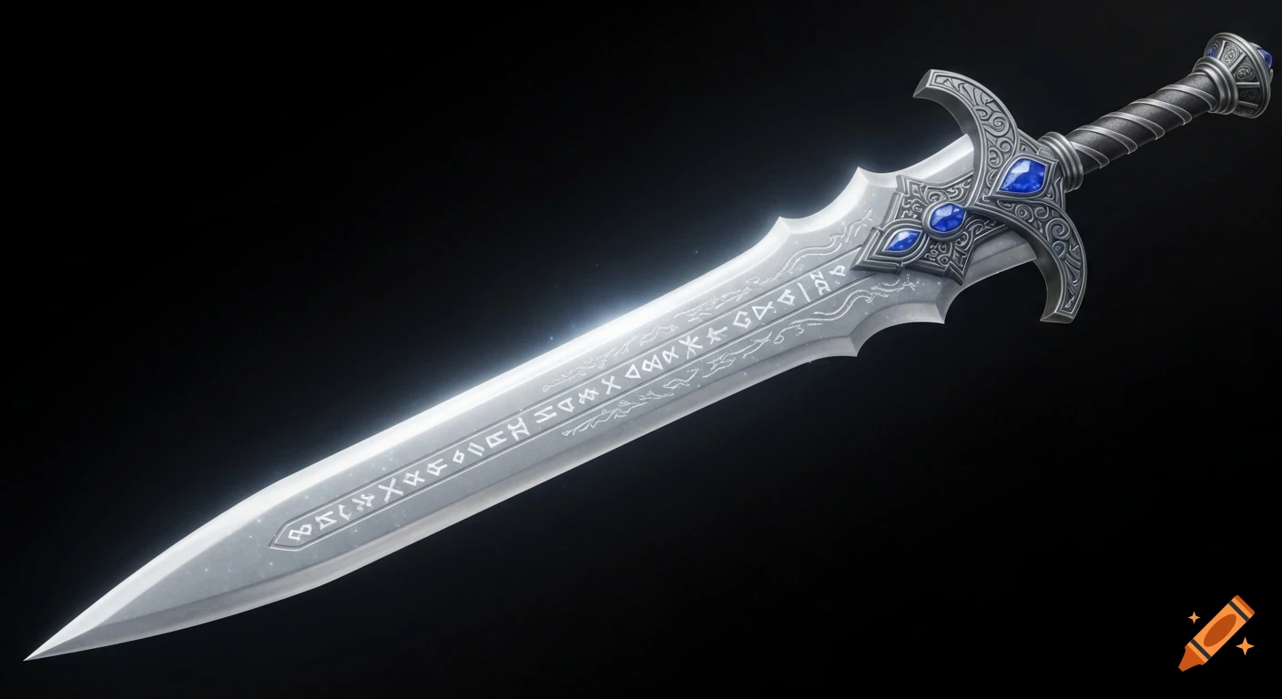 A shining, ornate fantasy sword with a grey hilt, blue gems, and glowing runes on the blade, positioned diagonally on a black background.