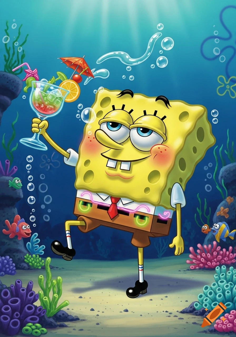 SpongeBob SquarePants with rosy cheeks, holding a cocktail glass, appears tipsy in an vibrant underwater scene.