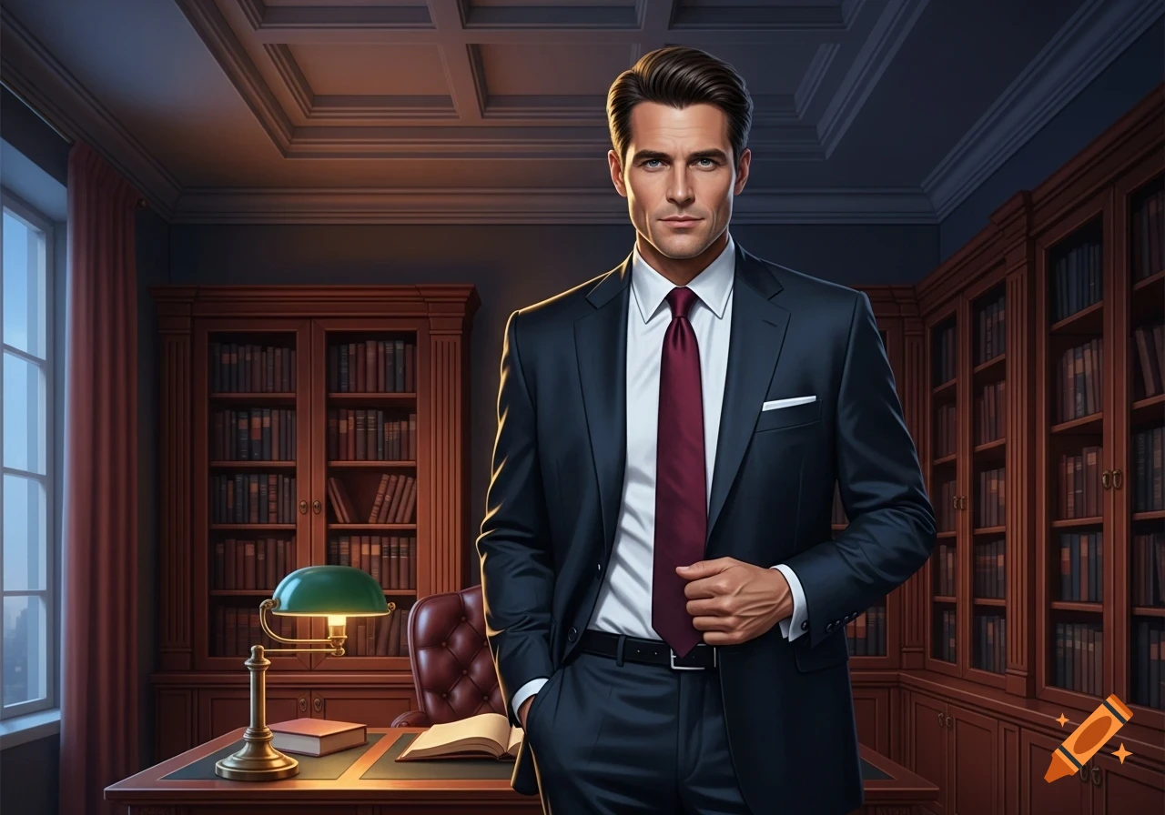 Photorealistic portrait of a man in a midnight blue suit, white shirt, and burgundy tie, standing in a wood-paneled office.