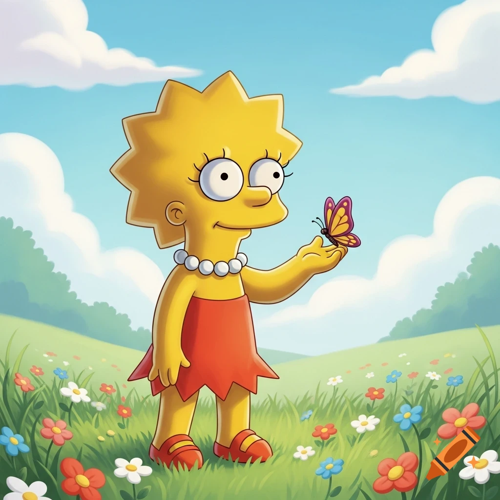 Lisa Simpson stands in a sunny flower field, a butterfly perched on her hand, in a vibrant cartoon style.