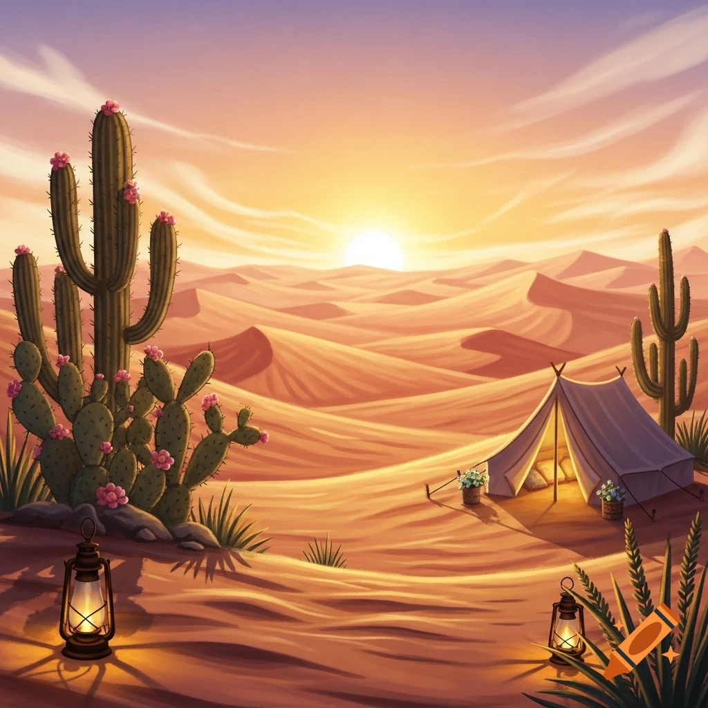An illustrated desert landscape at sunset with rolling sand dunes, large cacti, a lit tent, and two lanterns.