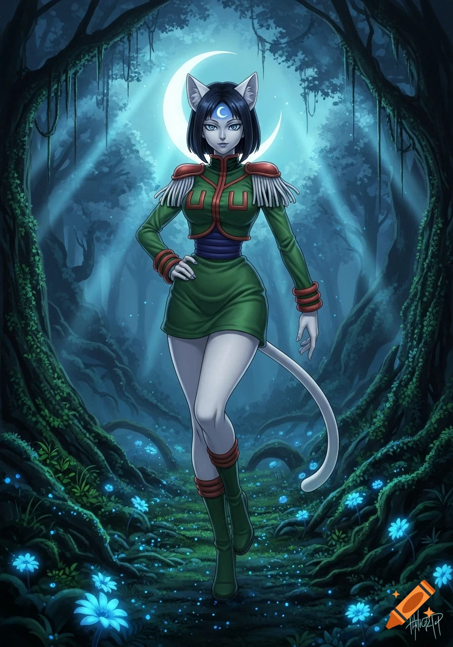 Neferpitou, a white-skinned, cat-eared character in a green uniform, stands in a glowing magical forest under a crescent moon.