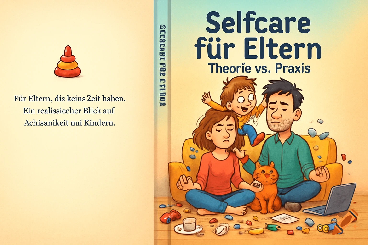 A colorful cartoon book cover titled 'Selfcare für Eltern' (Selfcare for Parents) shows two stressed parents meditating, surrounded by a messy child and scattered toys, with a cat sitting nearby.