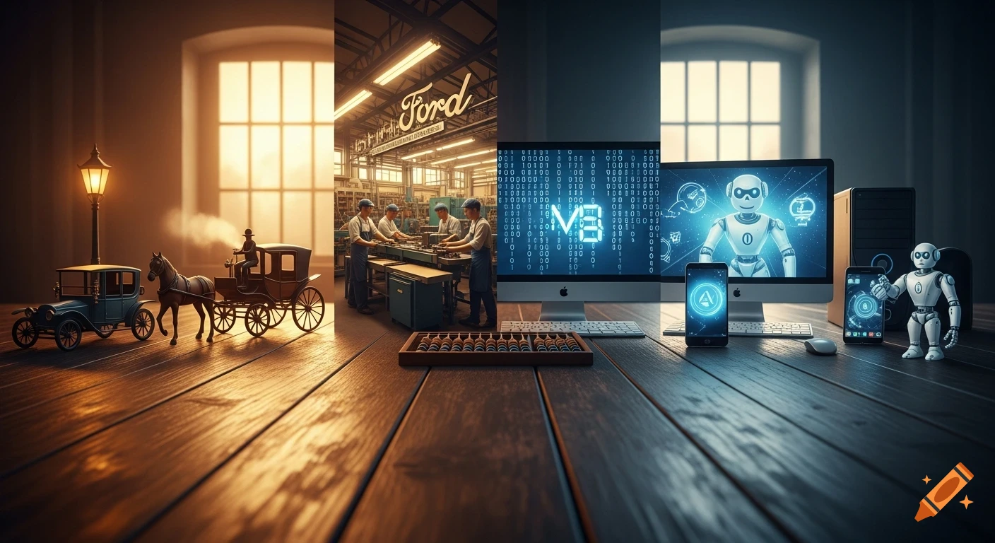 Four panels on a wooden table show the evolution from horse-drawn carriages to early cars, factory production, computers, and AI robots.