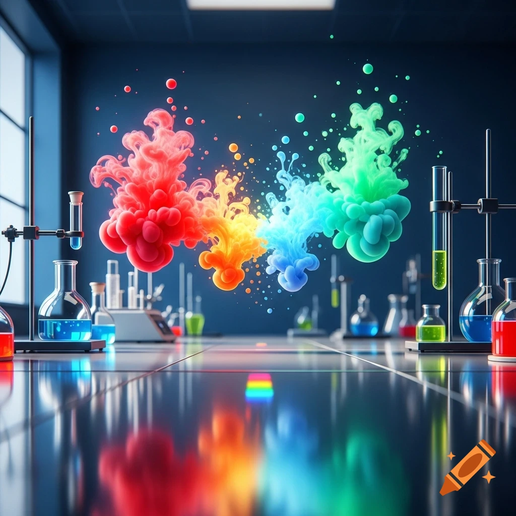 Vibrant chemical reactions with colorful liquid plumes in a dark, reflective science laboratory, featuring beakers and test tubes.