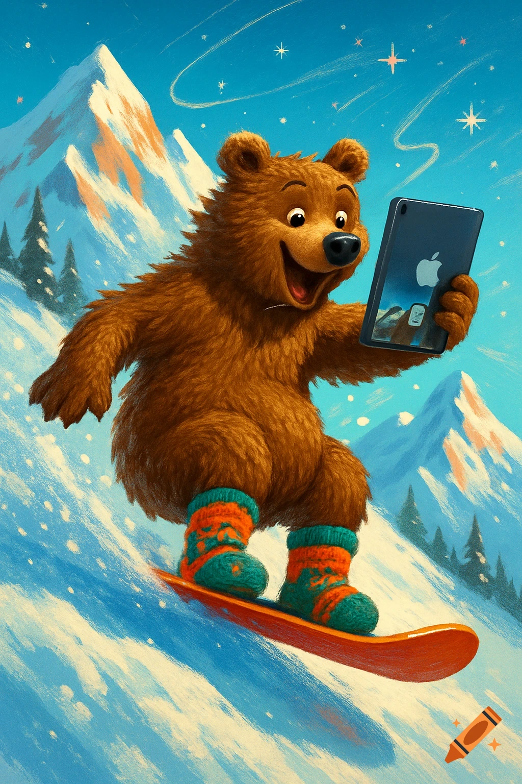 A happy brown cartoon bear snowboarding down a snowy mountain, wearing orange and teal socks and holding a black iPad.