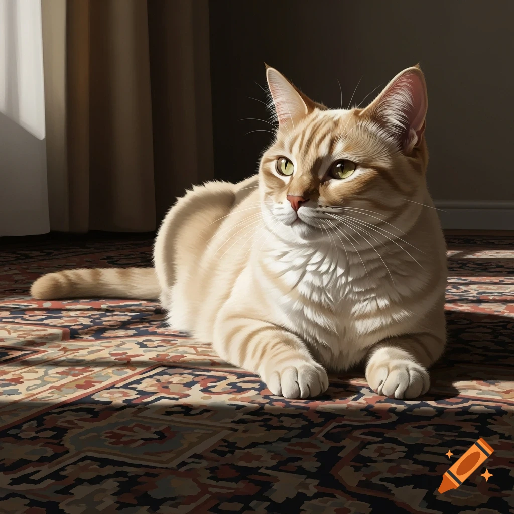 A light beige cat with light brown ears lies on a patterned rug, illuminated by sunlight.