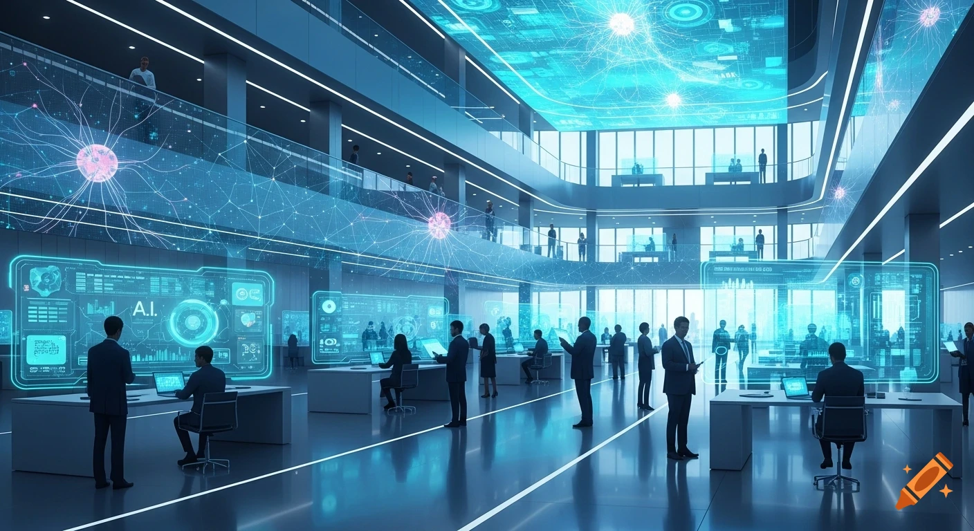 A futuristic, multi-level office with people working amidst glowing blue holographic displays and neural network patterns, representing AI development.