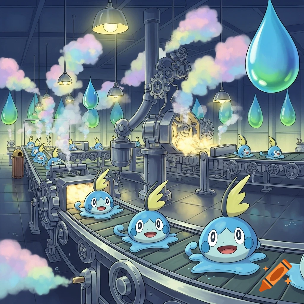 Cartoon Sobble Pok essences on a factory conveyor belt, surrounded by glowing machinery, rainbow smoke, and giant water droplets.