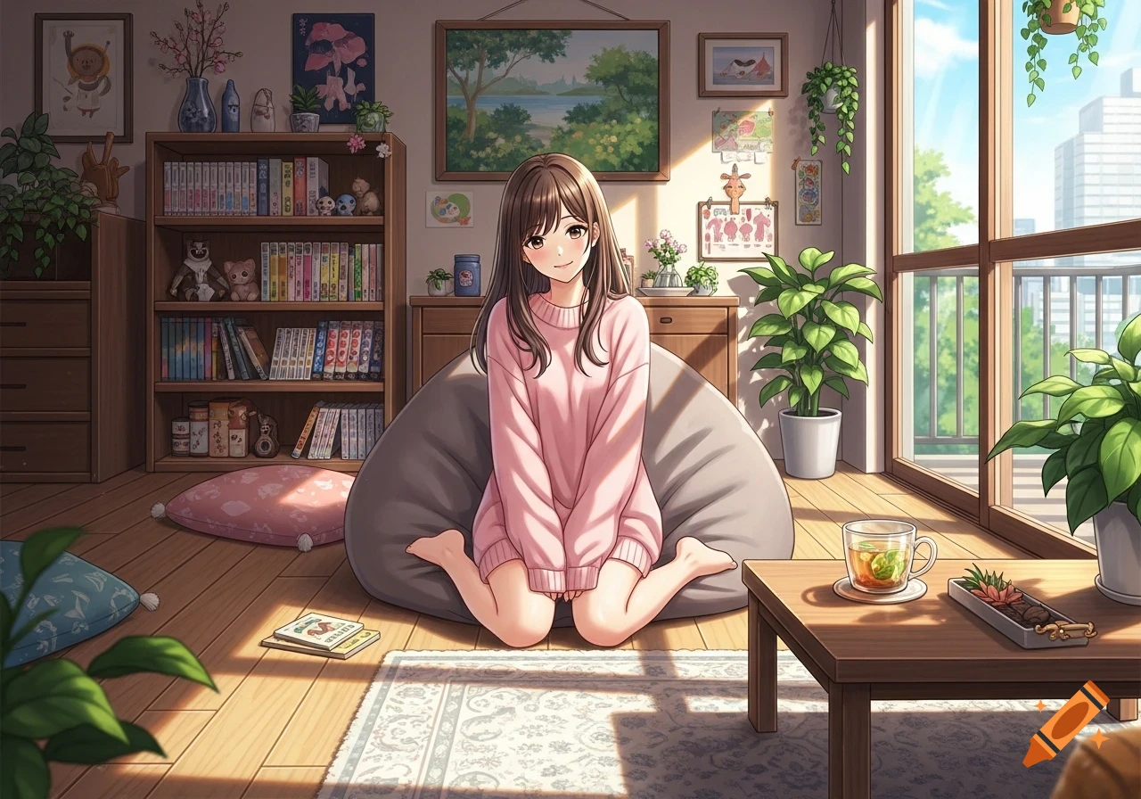An anime girl with brown hair sits cross-legged on a bean bag in a sunlit room filled with plants and bookshelves.