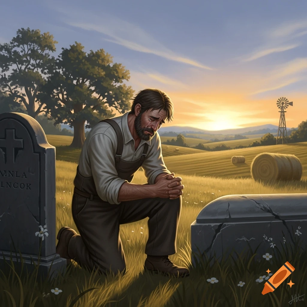 A grieving farmer kneels by a tombstone in a sunlit rural field at sunset, a windmill visible in the distance.