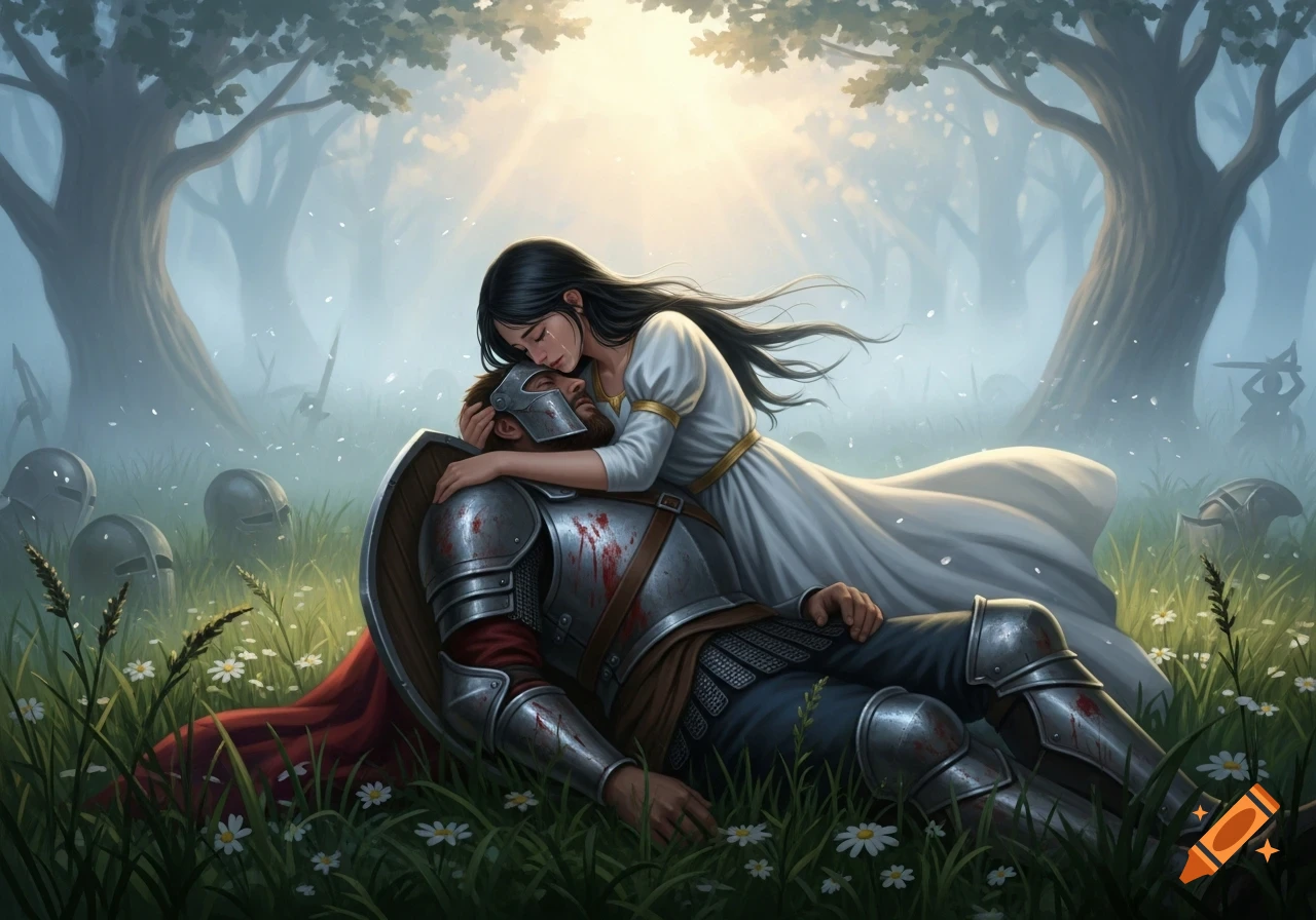 A maiden in a white dress weeps over a fallen, blood-stained warrior in full armor, lying in a grassy, misty forest.