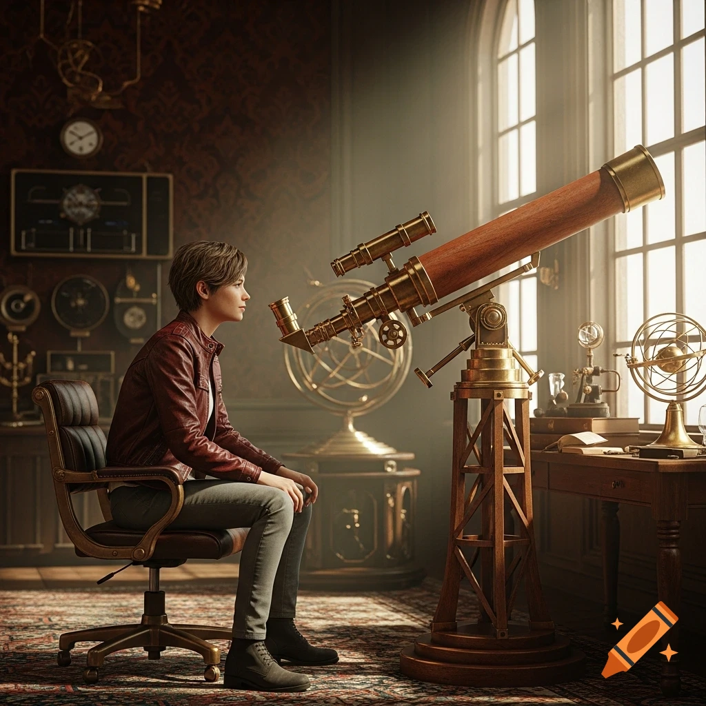 A young person in a leather jacket intently peers through a large, ornate steampunk telescope in a sunlit room filled with vintage scientific equipment.