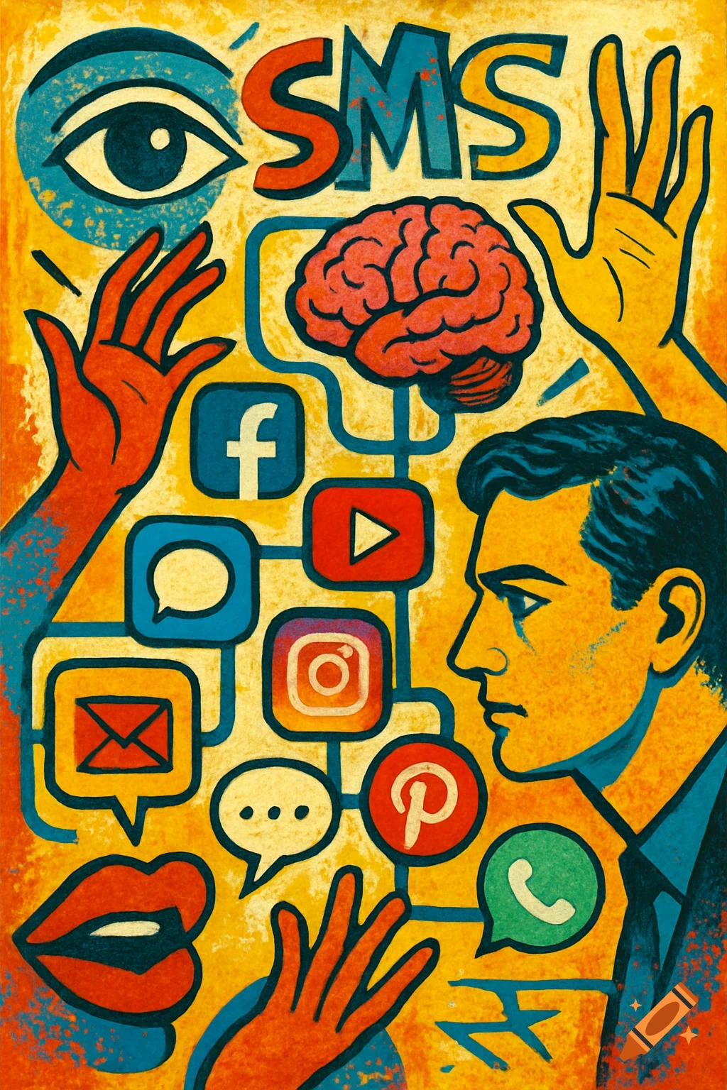 Colorful Pop Art collage with a man's profile, hands, brain, eye, and social media logos like Facebook, YouTube, SMS text, and chat icons.