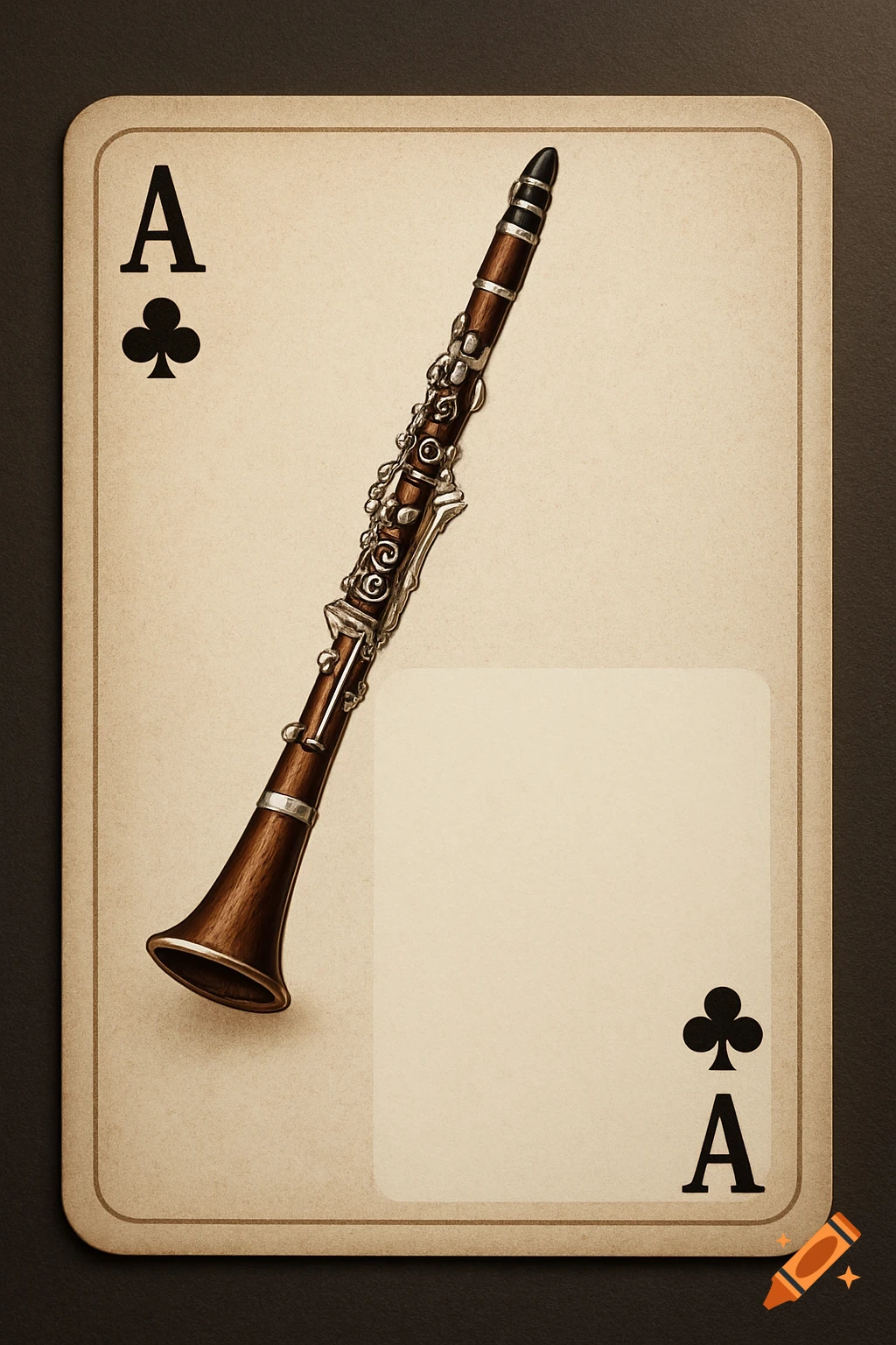 A dark wooden clarinet with silver keys rests diagonally on a vintage-style Ace of Clubs playing card.
