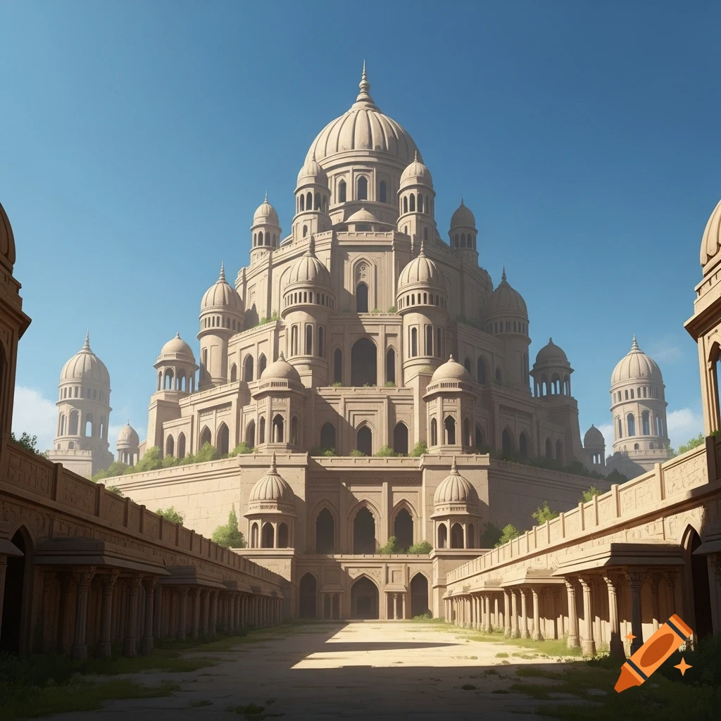 A grand, multi-tiered ancient palace or temple made of pale stone with numerous domes and arches, under a bright blue sky, viewed from a wide courtyard.