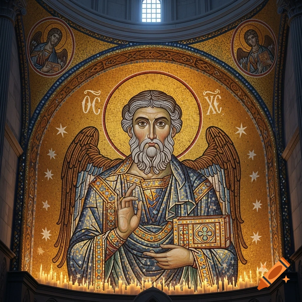 Detailed mosaic of a bearded, winged figure with a halo, holding a book, flanked by candles, in a church.