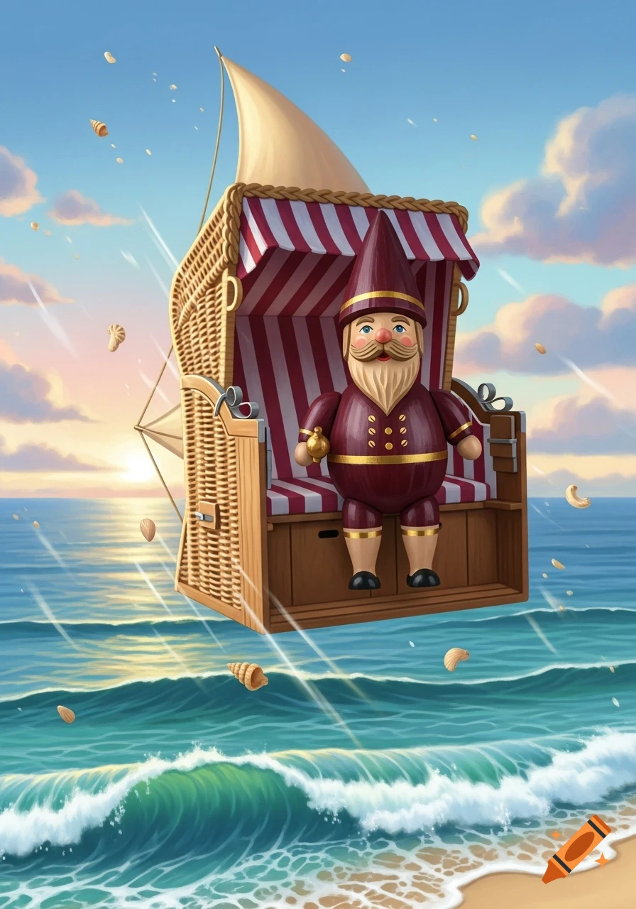 A stylized gnome figure in a red and white striped flying beach chair over a wavy ocean at sunset, with shells floating around it.