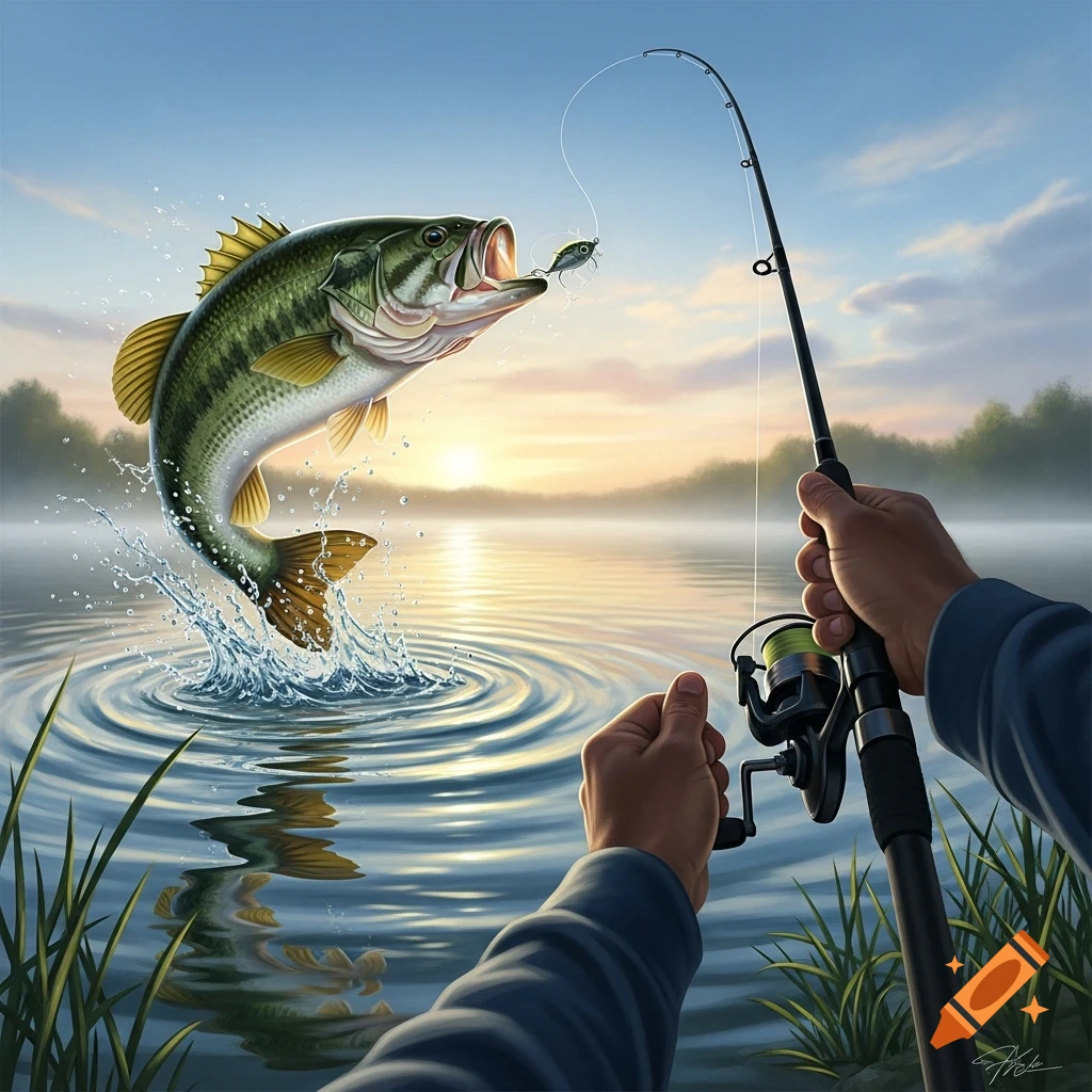 A vibrant digital painting shows a largemouth bass jumping from a lake, with a lure in its mouth, as hands hold a fishing rod at sunrise.