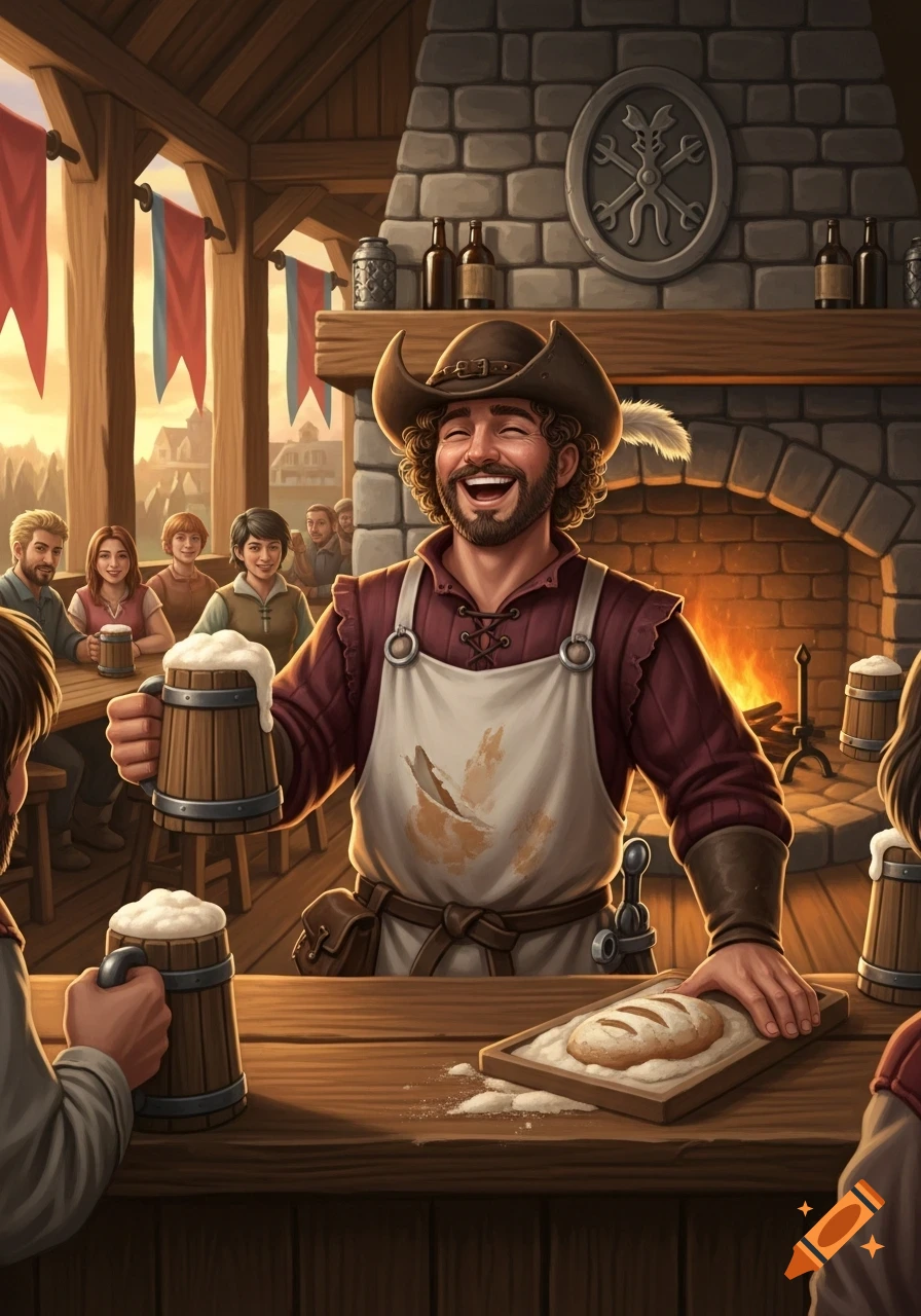A cheerful barkeeper in a medieval tavern, holding a frothy mug of ale, smiles broadly with customers and a fireplace in the background, in a detailed digital art style.