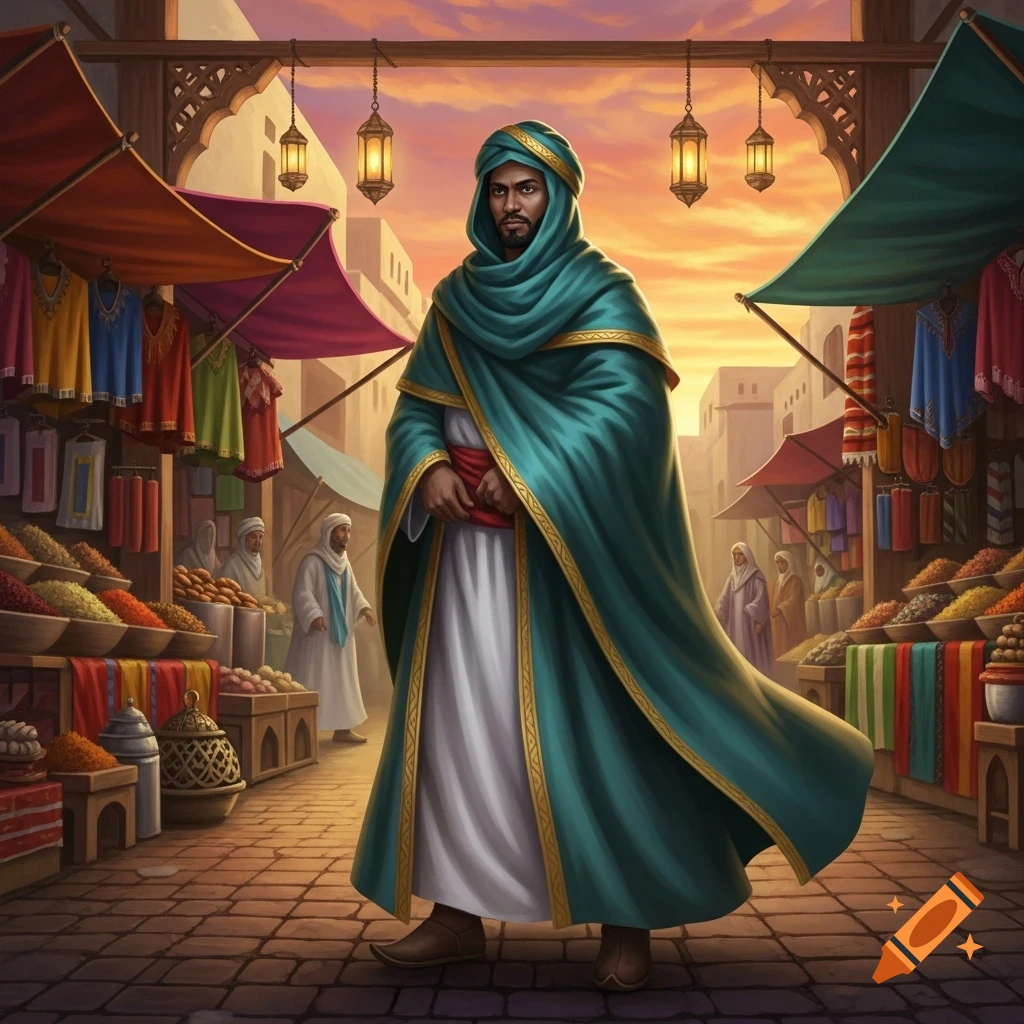 A man in a green cloak and turban stands in a vibrant Middle Eastern market street at sunset, with colorful stalls.
