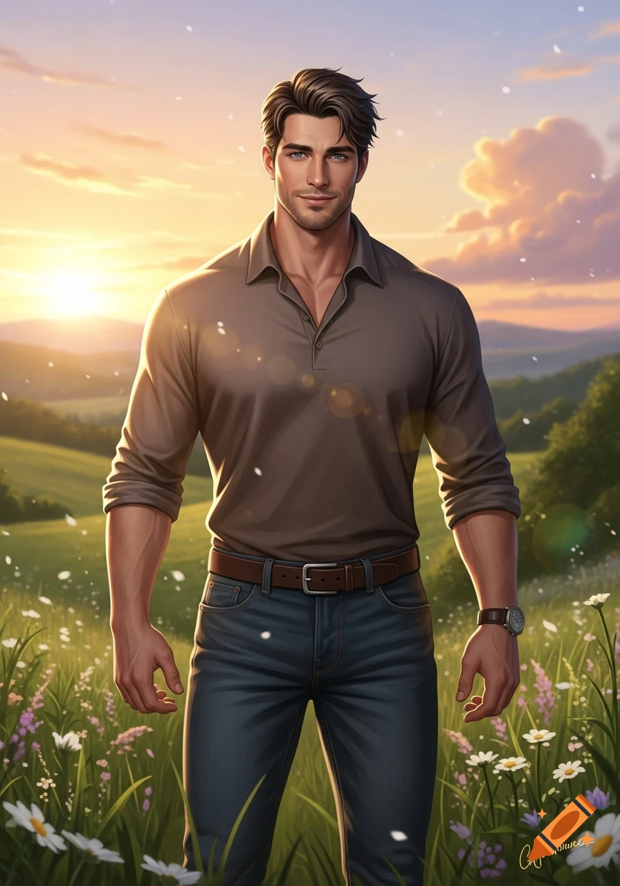A confident, handsome man with dark hair and a polo shirt stands in a sunlit field of wildflowers at sunset in an illustrative style.