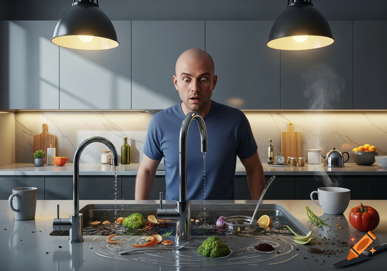 A bald man with wide eyes stares in shock at a clogged kitchen sink overflowing with water and food scraps in a modern kitchen.