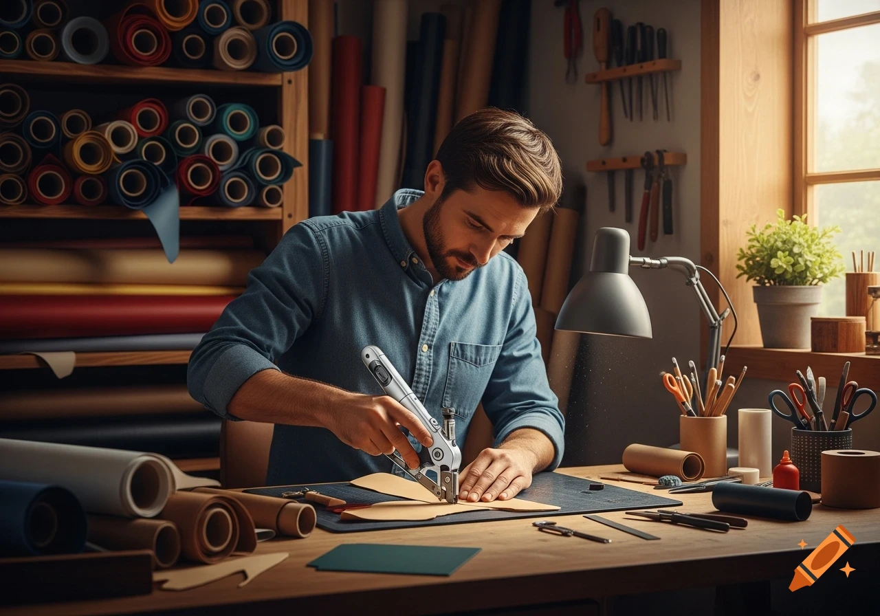 A craftsman in a denim shirt meticulously cuts material with a specialized tool on a wooden workbench in a rustic workshop.