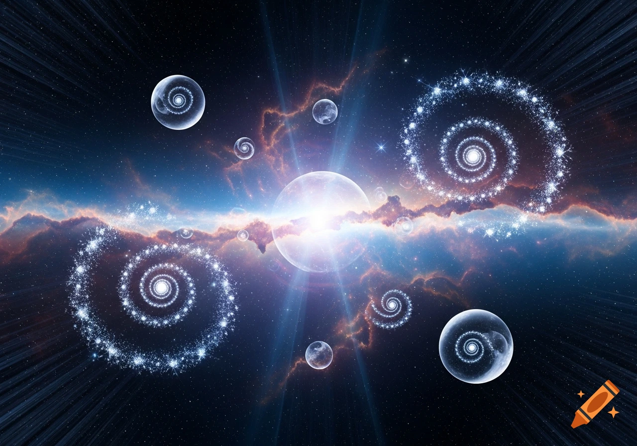 Abstract cosmic scene with a central bright light, colorful nebulae, stars, and glowing spiral spheres.