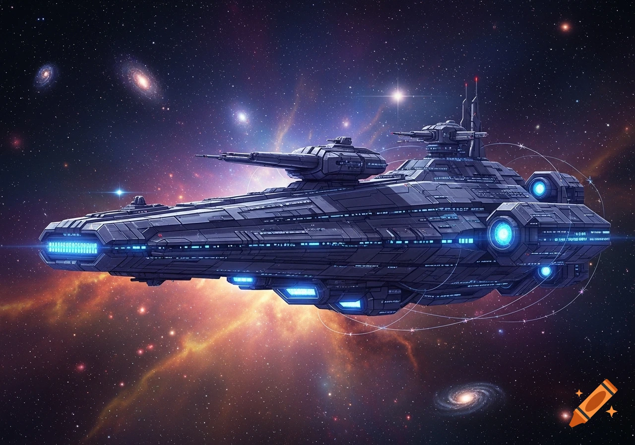 A detailed futuristic battleship with glowing blue lights floats through a colorful, star-filled galaxy.
