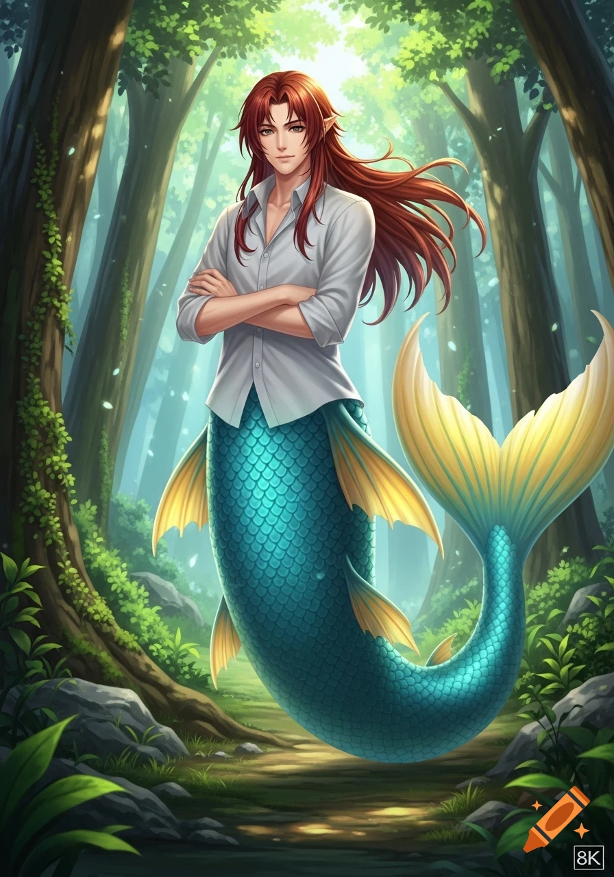 An anime-style merman with long red-brown hair and a teal fish tail stands with crossed arms in an enchanted forest.