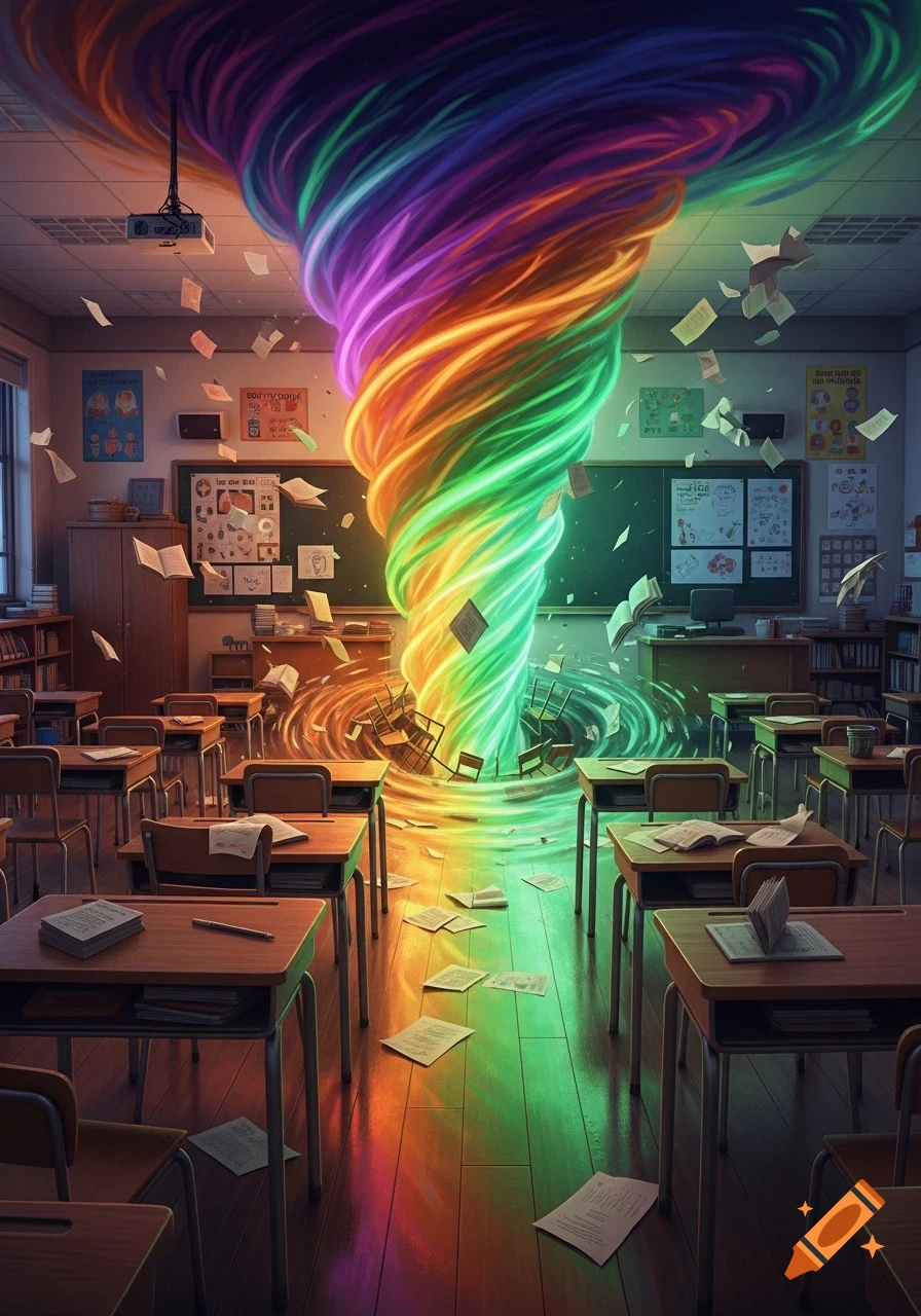 A vibrant rainbow-colored vortex swirling in the center of a classroom, scattering papers and furniture.
