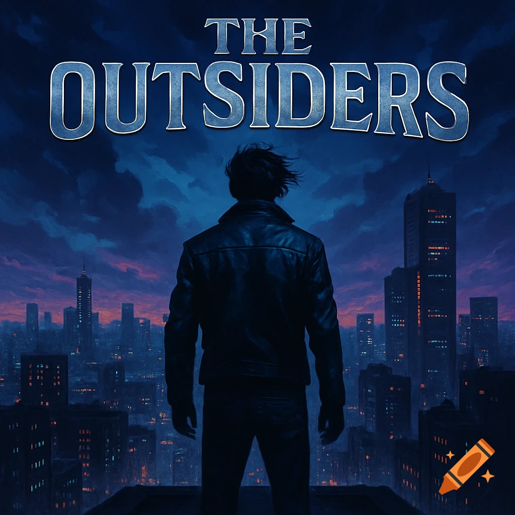 A lone figure in a leather jacket stands on a rooftop overlooking a dark city at night, with the title 'THE OUTSIDERS' above.