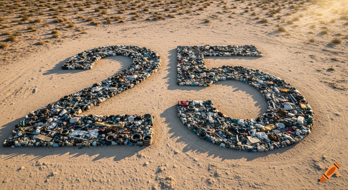 Aerial view of a giant number '25' formed from landfill debris like plastic, tires, and metal, set in a vast desert.