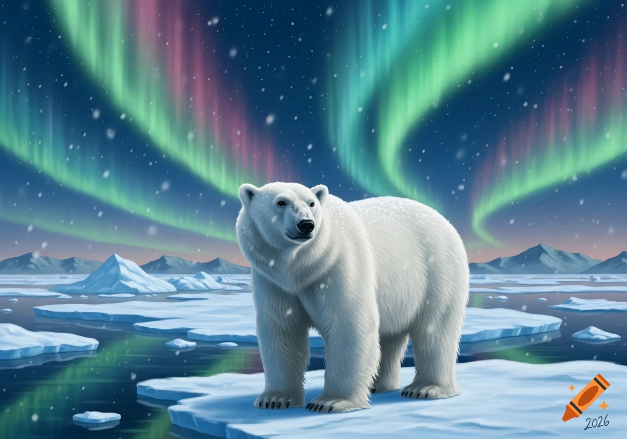 A majestic polar bear stands on an ice floe under a vibrant green and pink aurora borealis in a snowy arctic landscape, with "2026" in the corner.