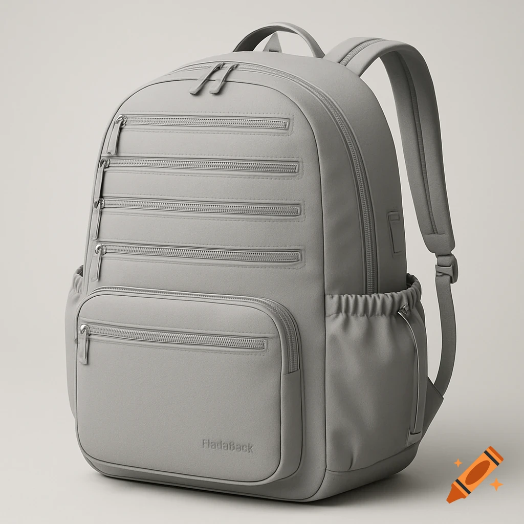 A photorealistic light grey backpack with multiple zippers, elastic side pockets, and a subtle logo.