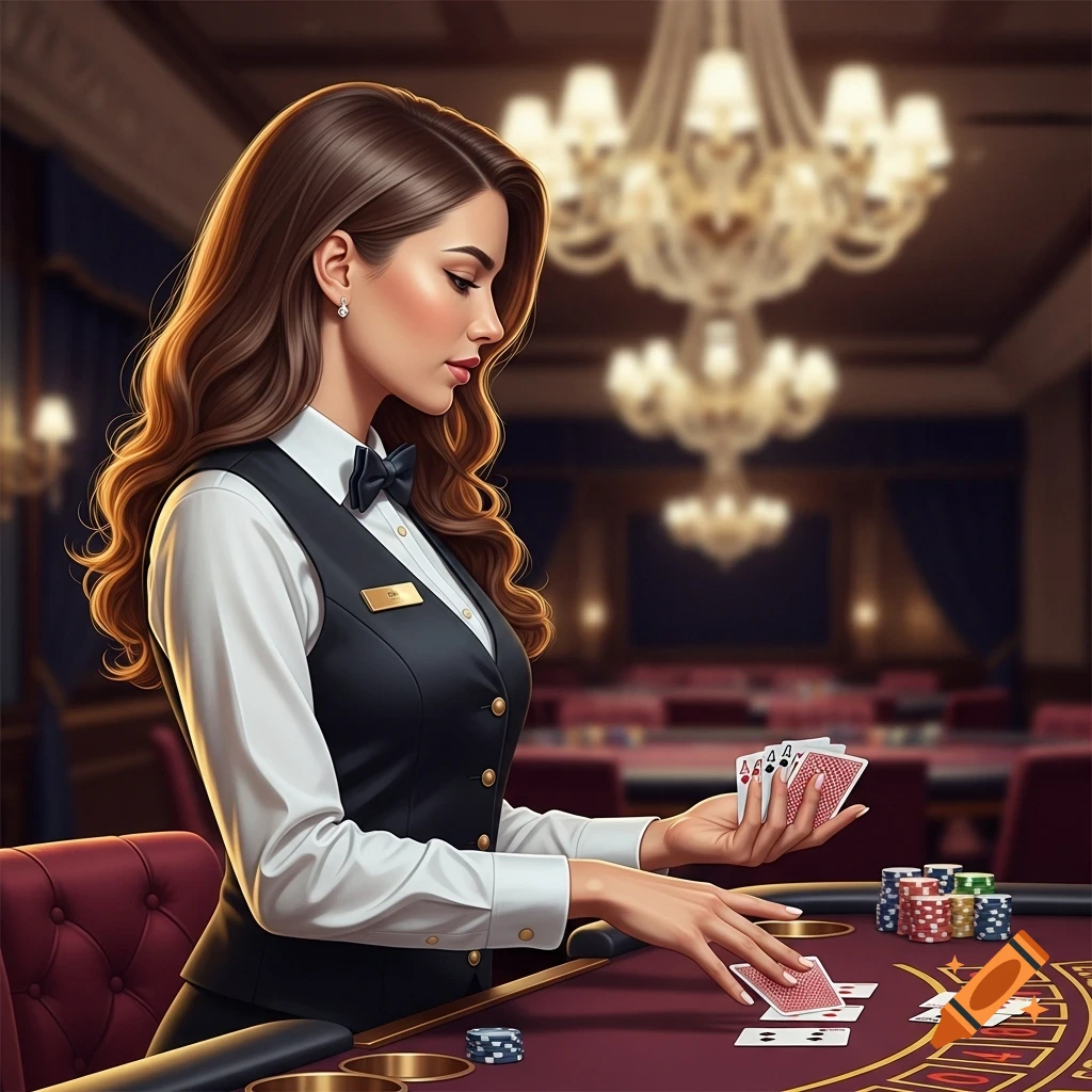 A photorealistic depiction of a female casino dealer with long brown hair, wearing a vest and bow tie, dealing cards at a red felt table.