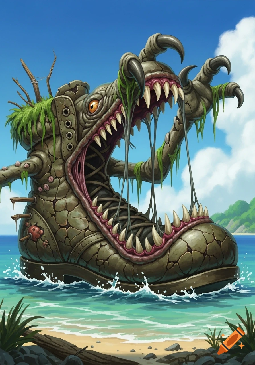 A grotesque, monstrous boot with jagged teeth and claws, covered in seaweed, emerges from the ocean on a tropical shore in a painterly style.