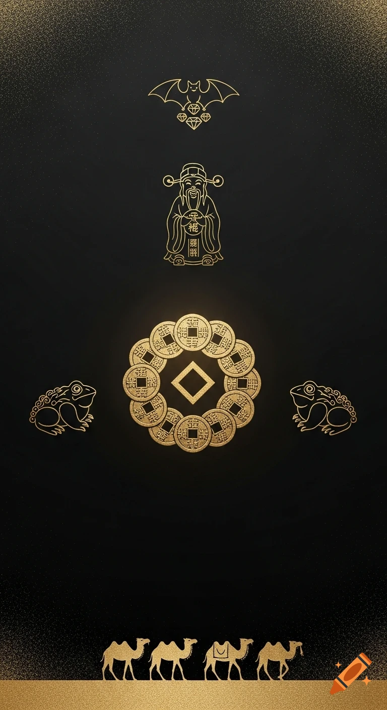 A black and gold luxury Feng Shui design featuring a bat, God of Wealth, coin talisman, money frogs, and camels against a dark, textured background.