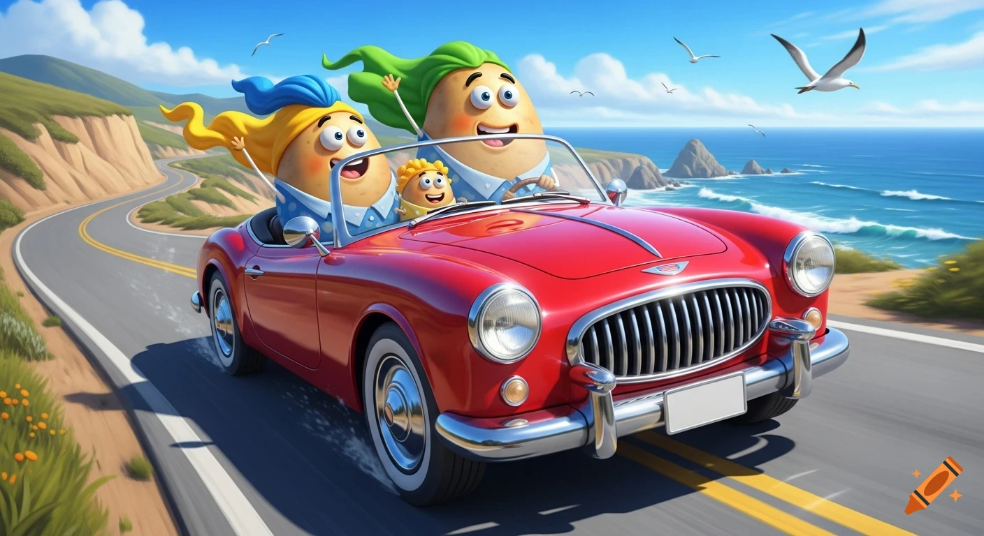 Cartoon potato family happily driving a red convertible car along a winding coastal road with the ocean and seagulls.