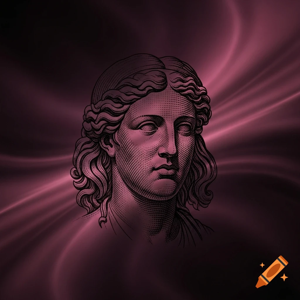Engraving of a classical allegorical figure's head with flowing hair, against a swirling dark magenta and black abstract background.