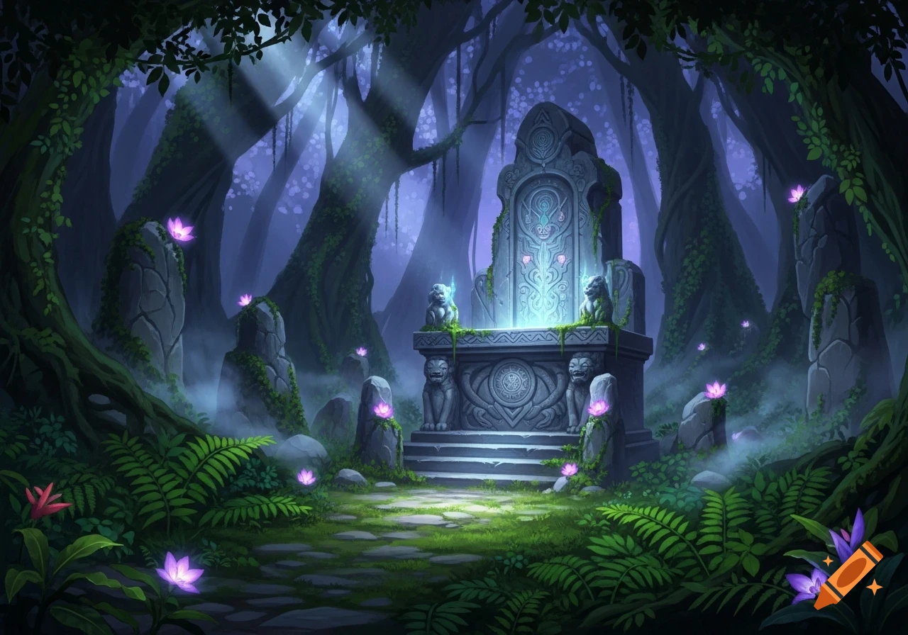 A mystical forest clearing at dusk, featuring a glowing ancient stone altar, lush ferns, and luminous lotus flowers, with light rays filtering through tall trees.