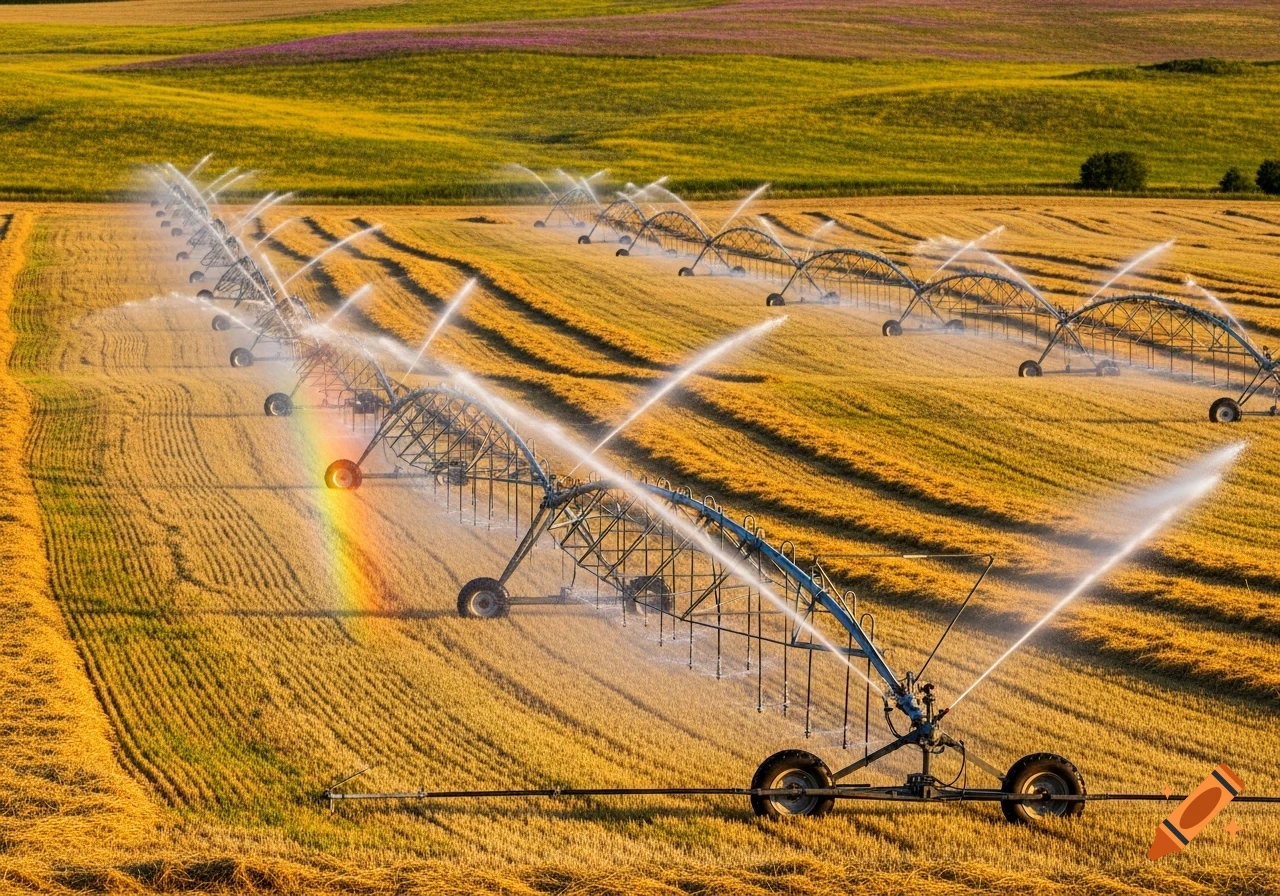 Side-roll wheel line sprinklers water a golden field under a blue sky, with a colorful rainbow arching over the foreground.