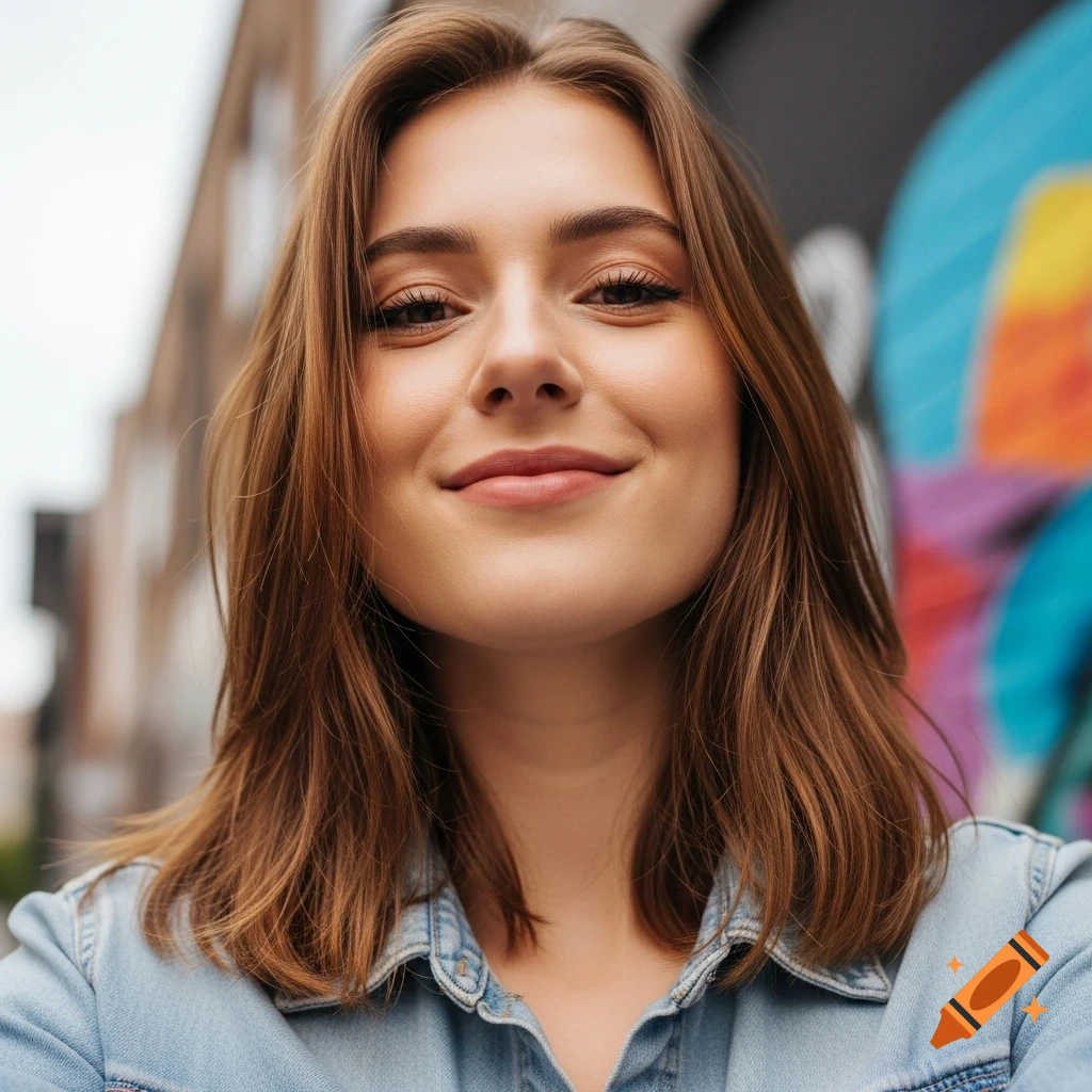 Smiling young woman with brown hair in a denim shirt, with a blurred urban background and graffiti.